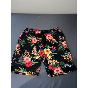 LRG Lifted Research Group Mens Black Tropical Skeleton Hula Girl Board Shorts‎ M